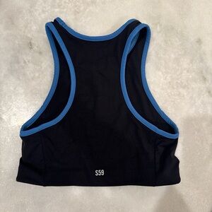 Split Black Sports Bra with Blue Accents